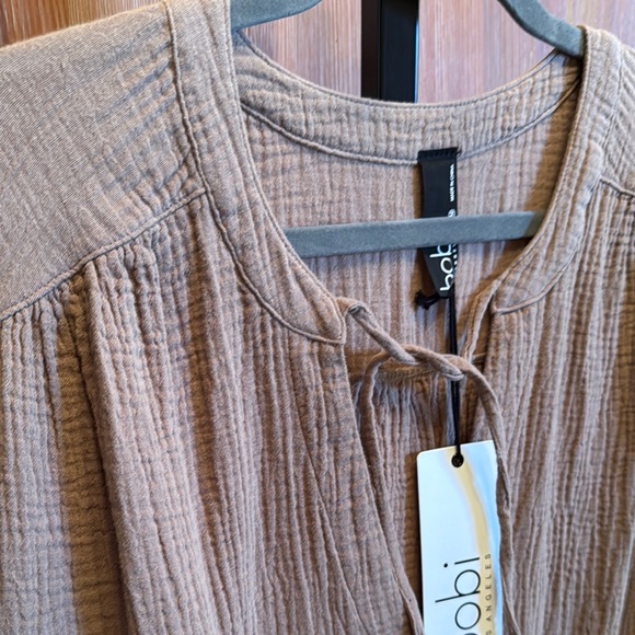 NWT bobi Cotton Brown midi dress with tie front and short sleeves - Picture 5 of 9